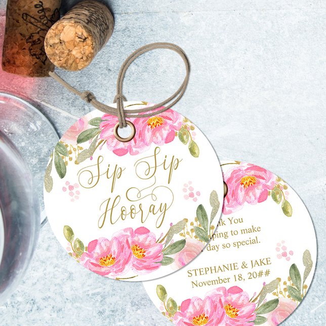 Sip Hooray Blush Pink Gold Aquarellblume Geschenkanhänger (Sip Sip Hooray thank you tag from my Pink and Gold Watercolor Floral Collection)