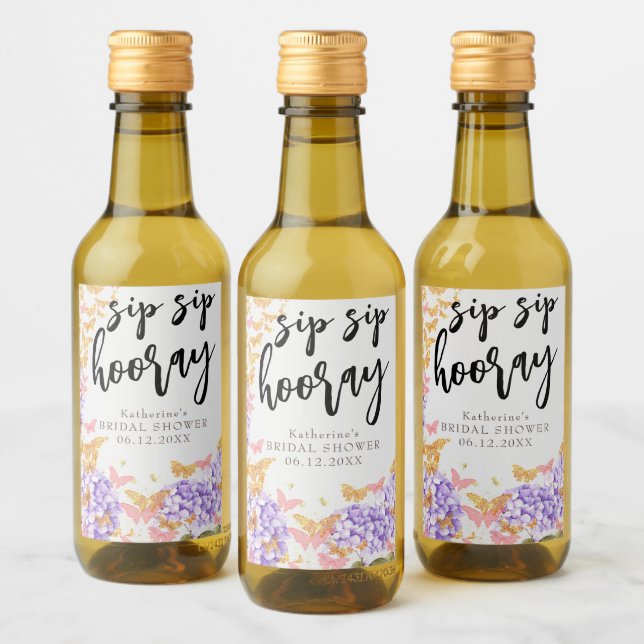 Sip Hooray Boho Butterfly Hydrangea Brautparty Weinetikett (Flaschen)