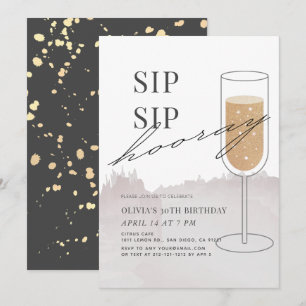 Sip Hooray Gold Champagne Gray Geburtstag Einladung