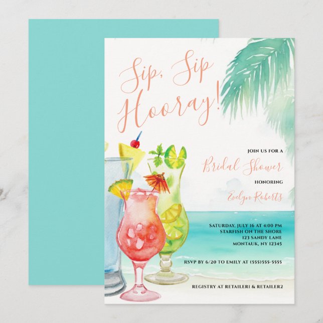 Sip Hooray Tropical Cocktails Brautparty Einladung (Vorne/Hinten)