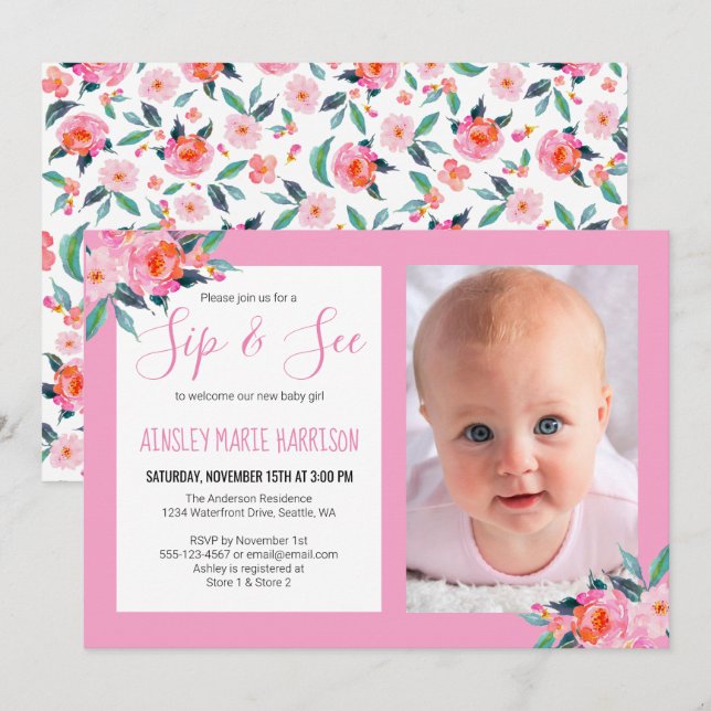 Sip & See Baby Girl Foto Pink Floral Baby Dusche Einladung (Vorne/Hinten)