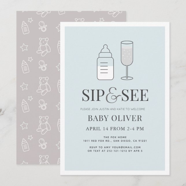 Sip & See Champagne Flasche Blue Baby Dusche Einladung (Vorne/Hinten)