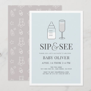 Sip & See Champagne Flasche Blue Baby Dusche Einladung