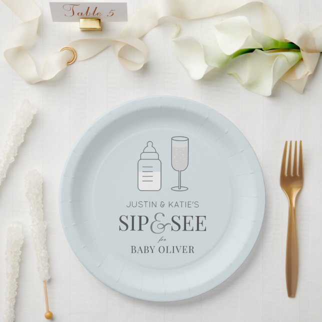 Sip & See Champagne Flasche Blue Baby Dusche Pappteller (Hochzeit)