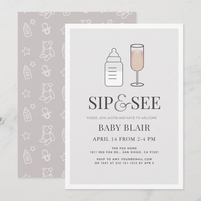 Sip & See Champagne Flasche Grau Baby Dusche Einladung (Vorne/Hinten)
