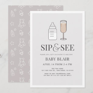 Sip & See Champagne Flasche Grau Baby Dusche Einladung