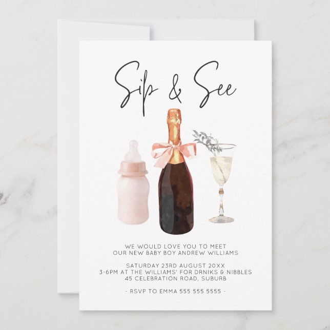 Sip & See Elegant Watercolor Pink Baby Girl Einladung (Vorderseite)