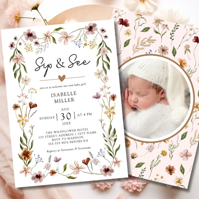 Sip & See Elegante Wildblume Pink Baby Girl Einladung (Sip & See Elegant Wildflower Pink Baby Girl Invitation)