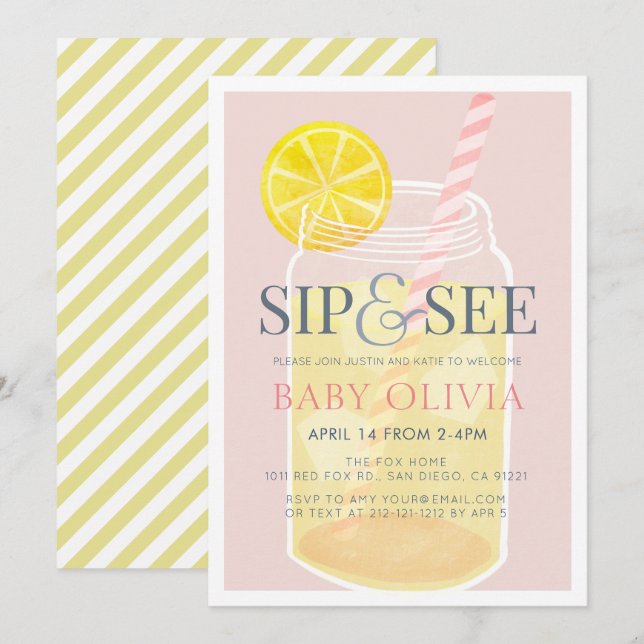 Sip & See Lemonade Mason Jar Pink Kinderdusche Einladung (Vorne/Hinten)