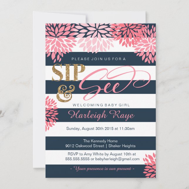 Sip & See Navy Blue and Pink Glitzer Baby Showroom Einladung (Vorderseite)