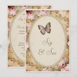 Sip & See Vintag Pearls Lace Rose Schmetterling Einladung
