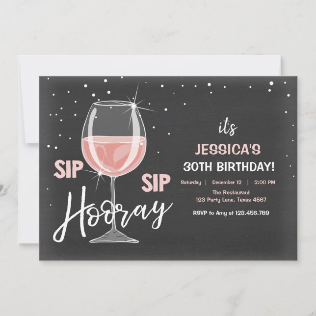 Sip Sip Hooray Chalkboard Wine Erwachsene Geburtst Einladung (Vorderseite)