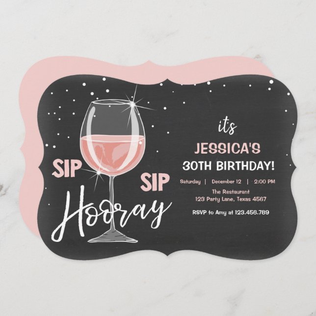 Sip Sip Hooray Chalkboard Wine Erwachsene Geburtst Einladung (Vorne/Hinten)