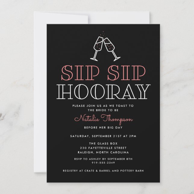 Sip Sip Hooray Champagne Toast Brautparty Einladung (Vorderseite)