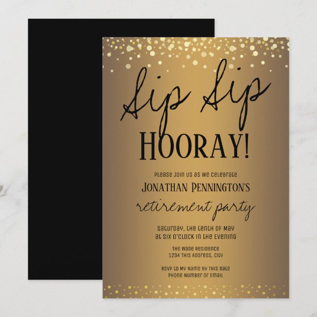 Sip Sip Hooray Elegantes Party für Goldene Rente Einladung (Vorne/Hinten)