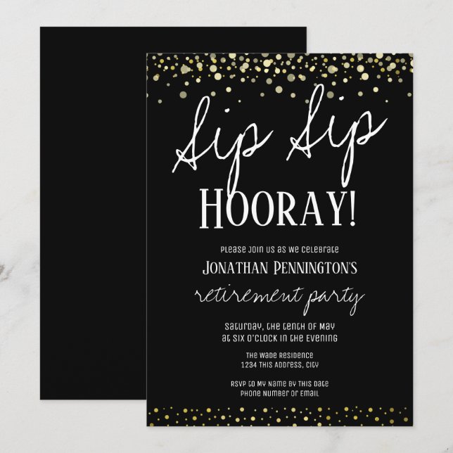 Sip Sip Hooray Elegantes Party für Goldene Rente Einladung (Vorne/Hinten)