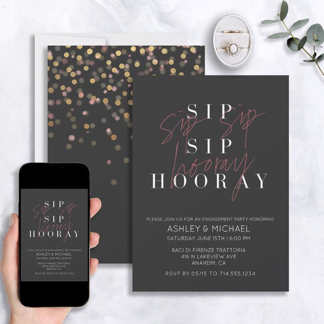 Sip Sip Hooray Fiançailles noir Faire-part (Créateur téléchargé)