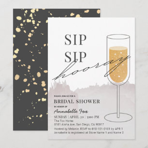 Sip Sip Hooray Gold Champagne Grau Brautparty Einladung