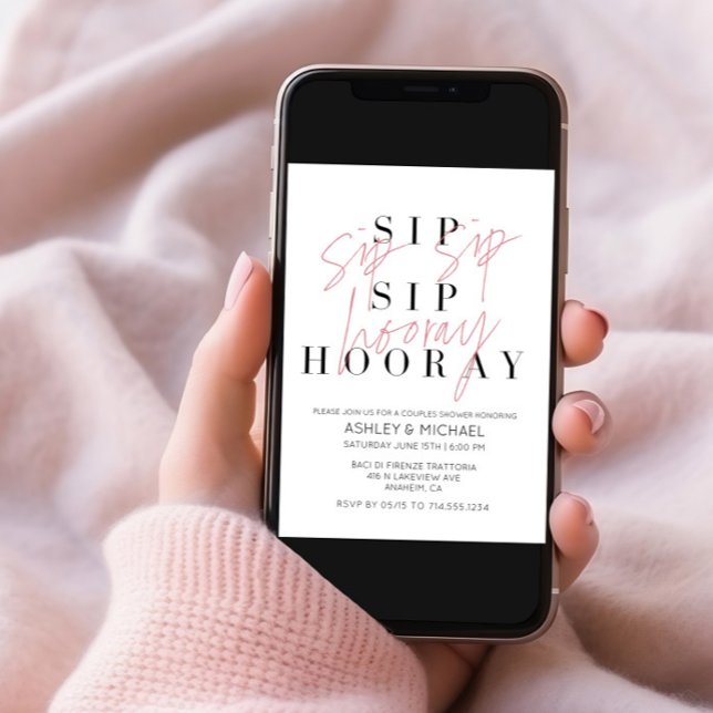 Sip Sip Hooray Modernes Schwarz-weißes Brautparty Einladung (Von Creator hochgeladen)