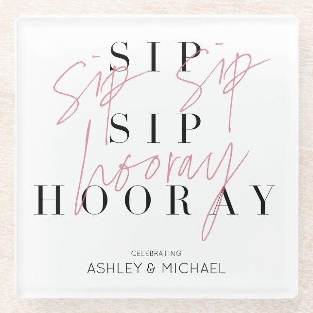 Sip Sip Hooray Schwarz-weiß Pink Engagement Party Glasuntersetzer (Vorderseite)
