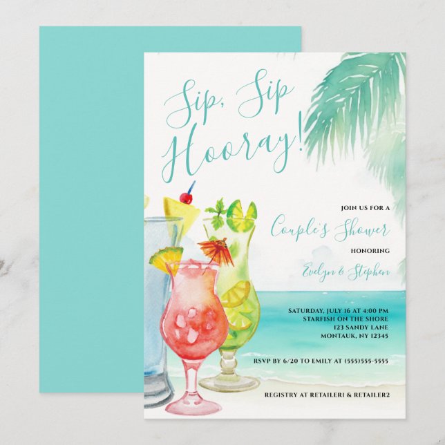 Sip Sip Hooray Tropical Cocktails Dusche Einladung (Vorne/Hinten)