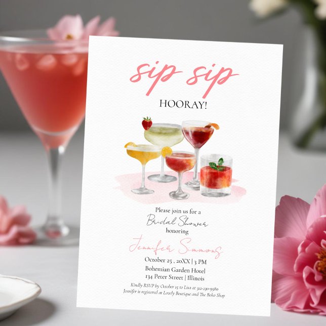 Sip Sip Hooray Wasserfarbencocktails Brautparty Einladung (Von Creator hochgeladen)