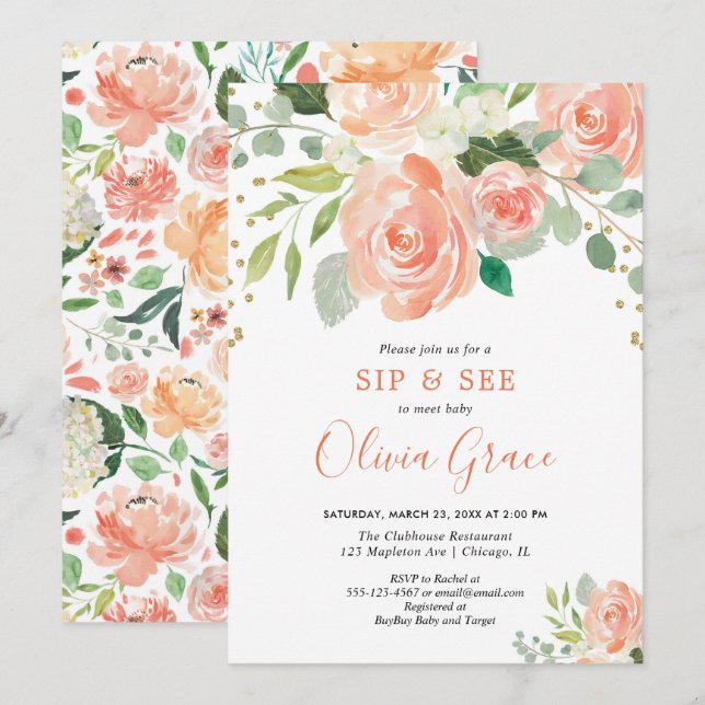 Sip und sehen florale Aquarellfarben Grün Mädchen  Einladung (Vorne/Hinten)