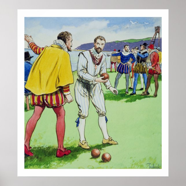 Sir Francis Drake (1540/3-96), spielend Schalen, v Poster (Vorne)