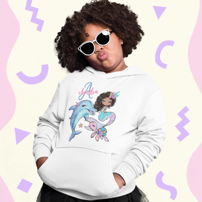 Sirène à cheveux noir Personnalisé Enfants Nom Fil (Black Hair Mermaid Custom Kids Name Pink Girls Hoodie
)