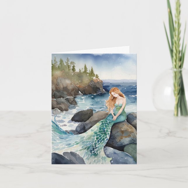 Sirène D'Aquarelle Sur Les Rochers Océaniques (Devant)