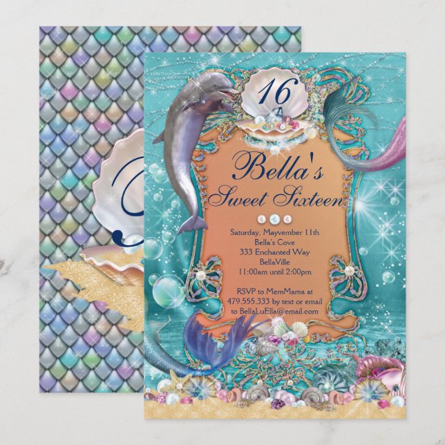 Sirène de dauphin sous les invitations de la fête  (Devant / Derrière)