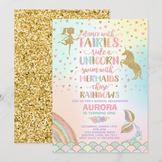 Sirène de licorne et invitation d'anniversaire de (Devant / Derrière)