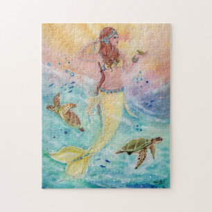 Sirène de mer solaire avec puzzle de tortues de me