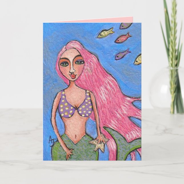 Sirène et Fishies aux cheveux roses - carte de voe (Devant)