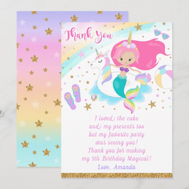 Sirène et licorne de Carte de remerciements (Devant / Derrière)