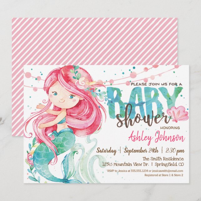 Sirène, invitation Baby shower fille (Devant / Derrière)