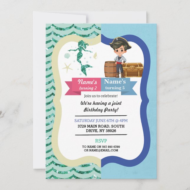 Sirène & Pirate Joint garçon fille Invitations d'a (Devant)