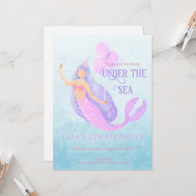 Sirène sous la mer Invitation fête d'anniversaire (Devant/Arrière en situation)