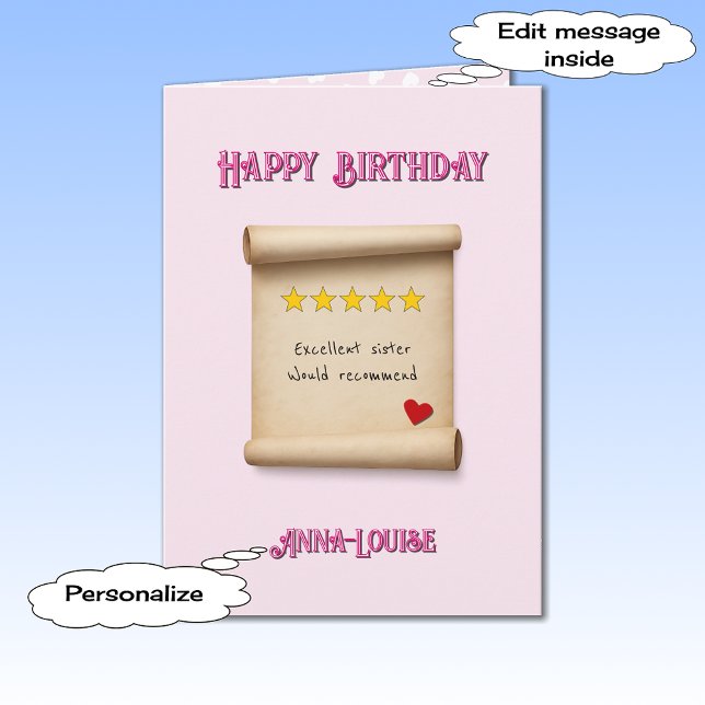 Sister 5 star review pink birthday karte (Von Creator hochgeladen)