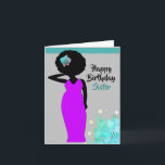 Sister African American Happy Birthday Card Karte<br><div class="desc">Diese coole Geburtstagskarte zeigt eine afroamerikanische Frau mit einem lila Kleid und einem großen Afro. Holen Sie sich diese Karte mit viel Persönlichkeit für Ihre Schwester für die Geburtstagskarte.</div>