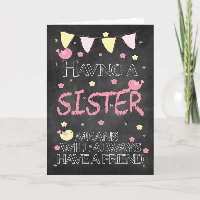 Sister Birthday Chalkboard mit kleinen Vögeln Karte (Vorderseite)