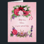 Sister Birthday Gorgeous Rose<br><div class="desc">Diese Geburtstagskarte für eine Schwester hat schöne Rose in voller Blüte. Der rosa Hintergrund hat blass rosa Rosen, die durch das Bild hindurch zeigen. Eine wunderschöne, traditionelle Geburtstagskarte, die wirklich Freude bereiten wird.</div>