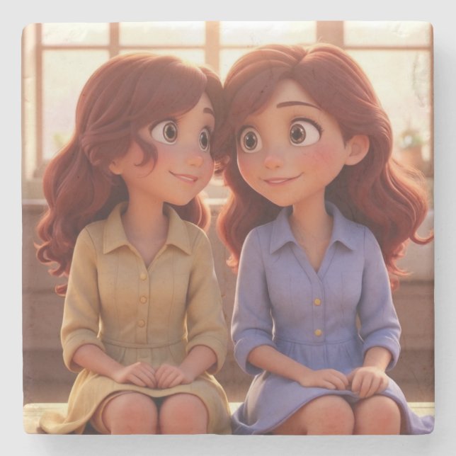 Sister Bond – Beautiful Sisters Illustration Art Steinuntersetzer (Vorderseite)