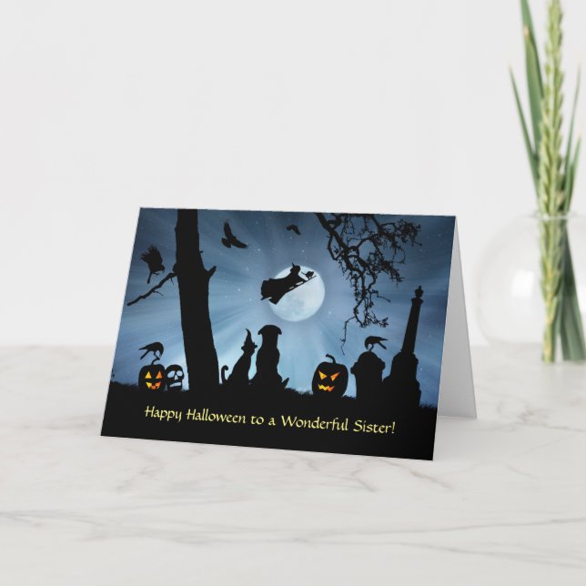Sister Halloween Cute Dog and Cat With Witch Karte (Vorderseite)