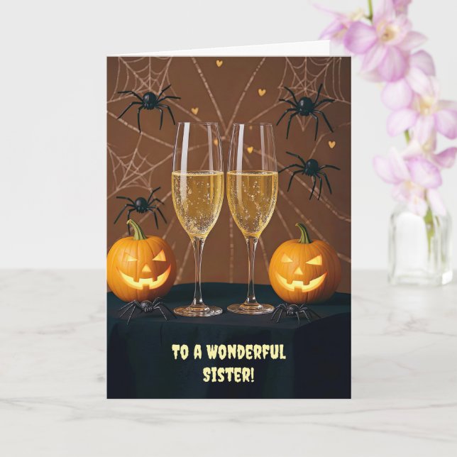 Sister Happy Halloween Champagne Cheers Funny Karte (Orchidee)