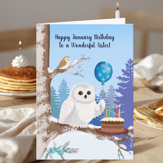 Sister Happy January Birthday Snowy Owl Karte (Von Creator hochgeladen)
