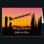 Sister in Law Christmas Santa Over Desert<br><div class="desc">A Christmas card for your sister-in-law showing Santa flying over the desert. Lots of tall cactus are seen in silhouette. Wish a merry Christmas from the desert with a lovely sunset colored card.</div>