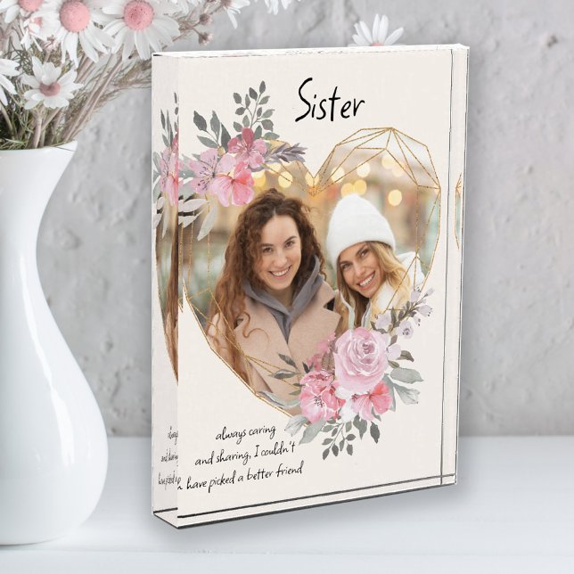Sister Pink Floral Gold Geometrisches Herz geformt Fotoblock (Von Creator hochgeladen)