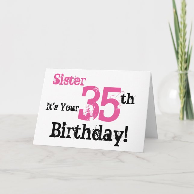 Sisters 35. Geburtstag grüßt in schwarz, rosa. Karte (Vorderseite)