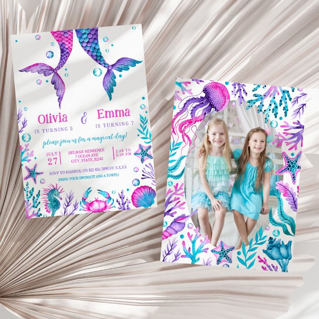 Sisters Mermaid Joint Birthday Party Foto Einladung (Sisters Mermaid Joint Birthday Party Invitation)